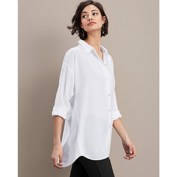Eileen Fisher • white Classic Collar Shirt button down tunic Tencel hi low - Picture 6 of 14